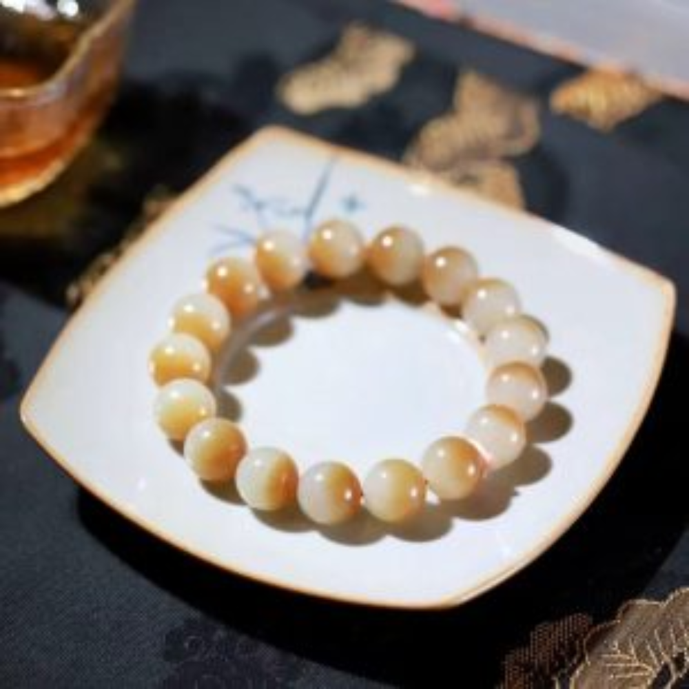12cm“Sugar Red and White” Nephrite Jade Beads Bracelet view 5