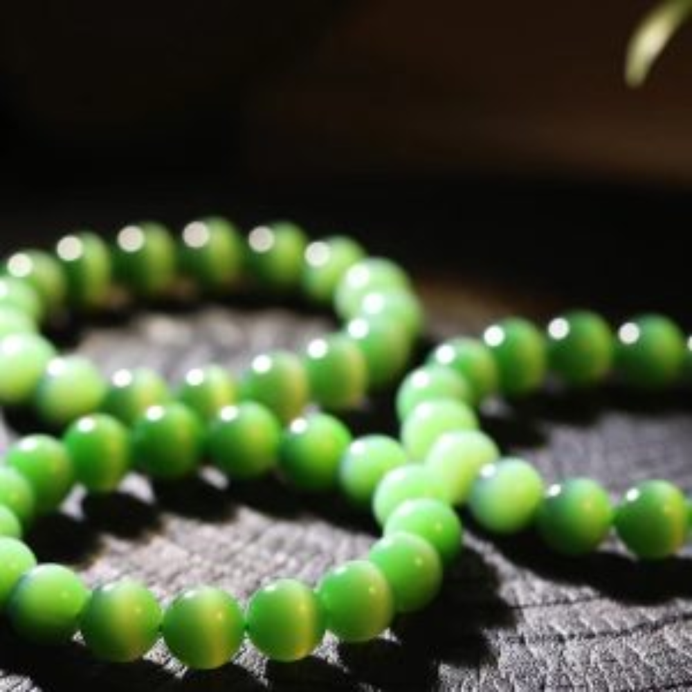 12mm Green Cat-Eye Nephrite Bead Bracelet view 1