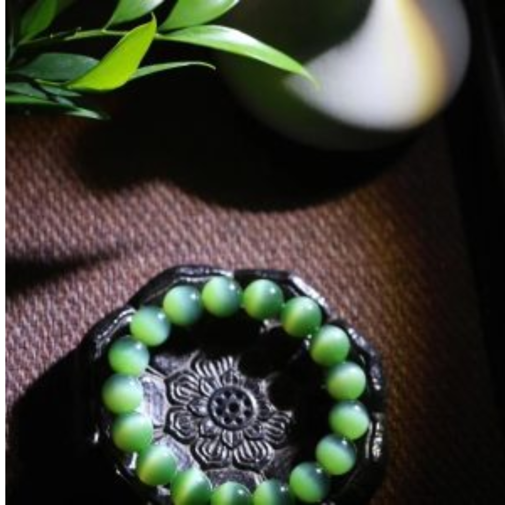 12mm Green Cat-Eye Nephrite Bead Bracelet view 6