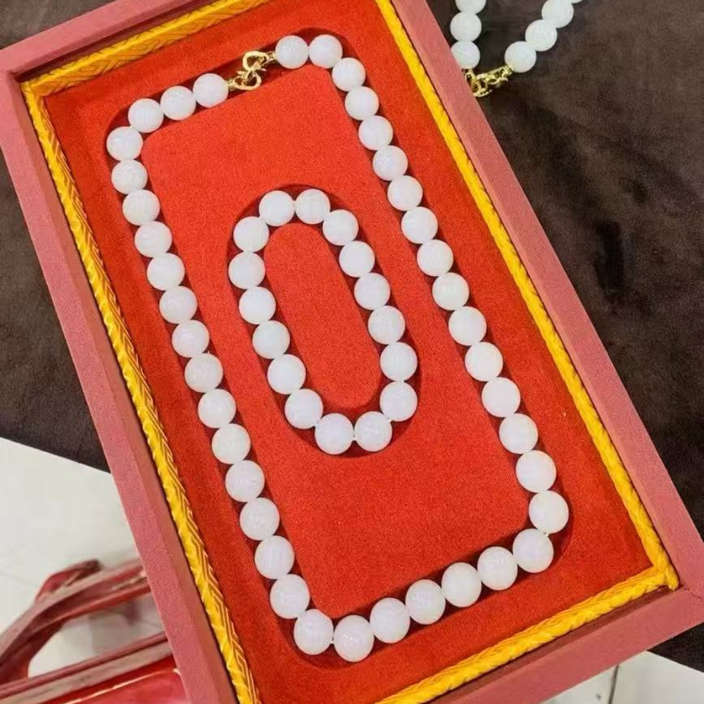 12mm White Nephrite Bead Necklace & Bracelet Set