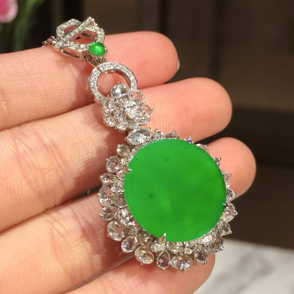 Bright Green Jadeite Pendant & Earring Duo view 1
