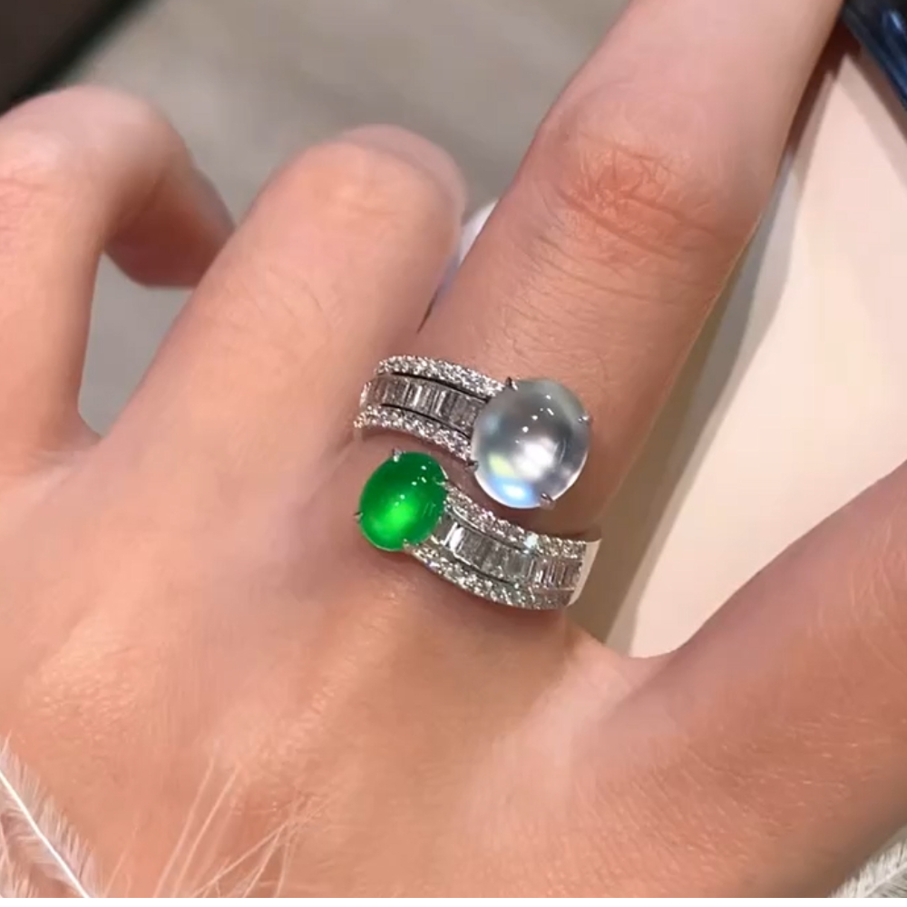 “Dual Serenity” Green and White Jadeite Ring view 1