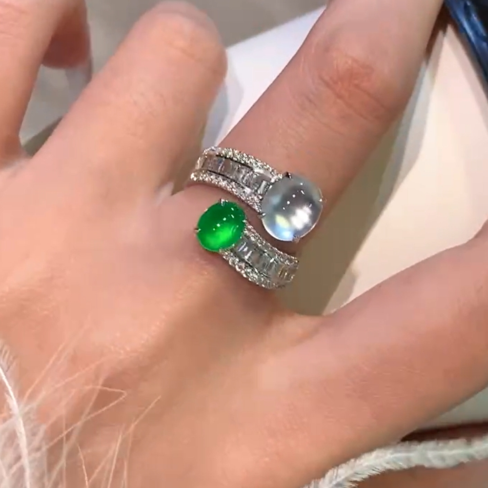 “Dual Serenity” Green and White Jadeite Ring view 2