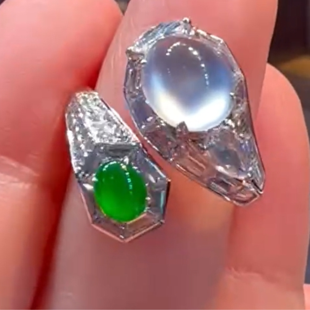“Dual Serenity” Green and White Jadeite Ring view 3