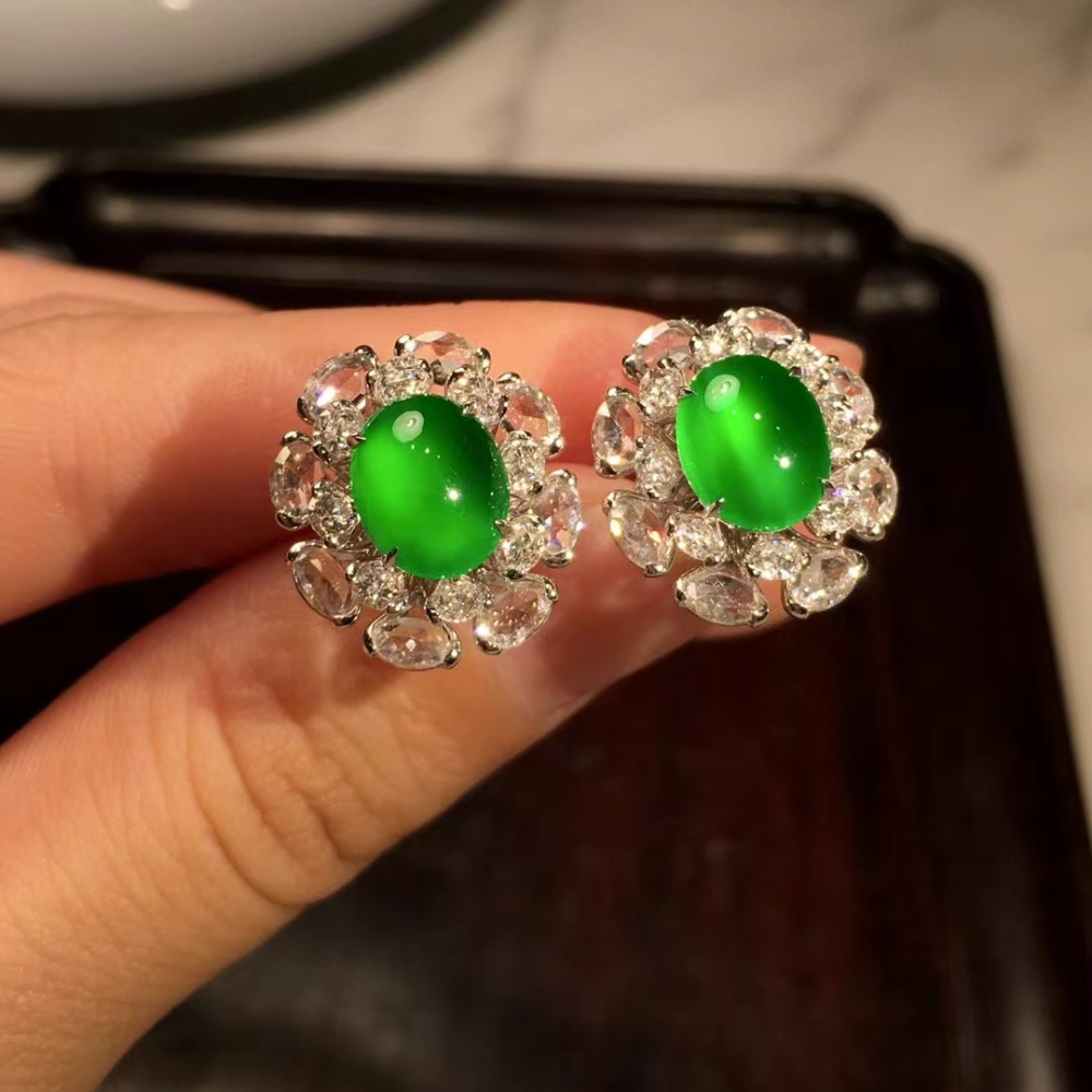 Glassy Imperial Green Jadeite Sunflower Earrings