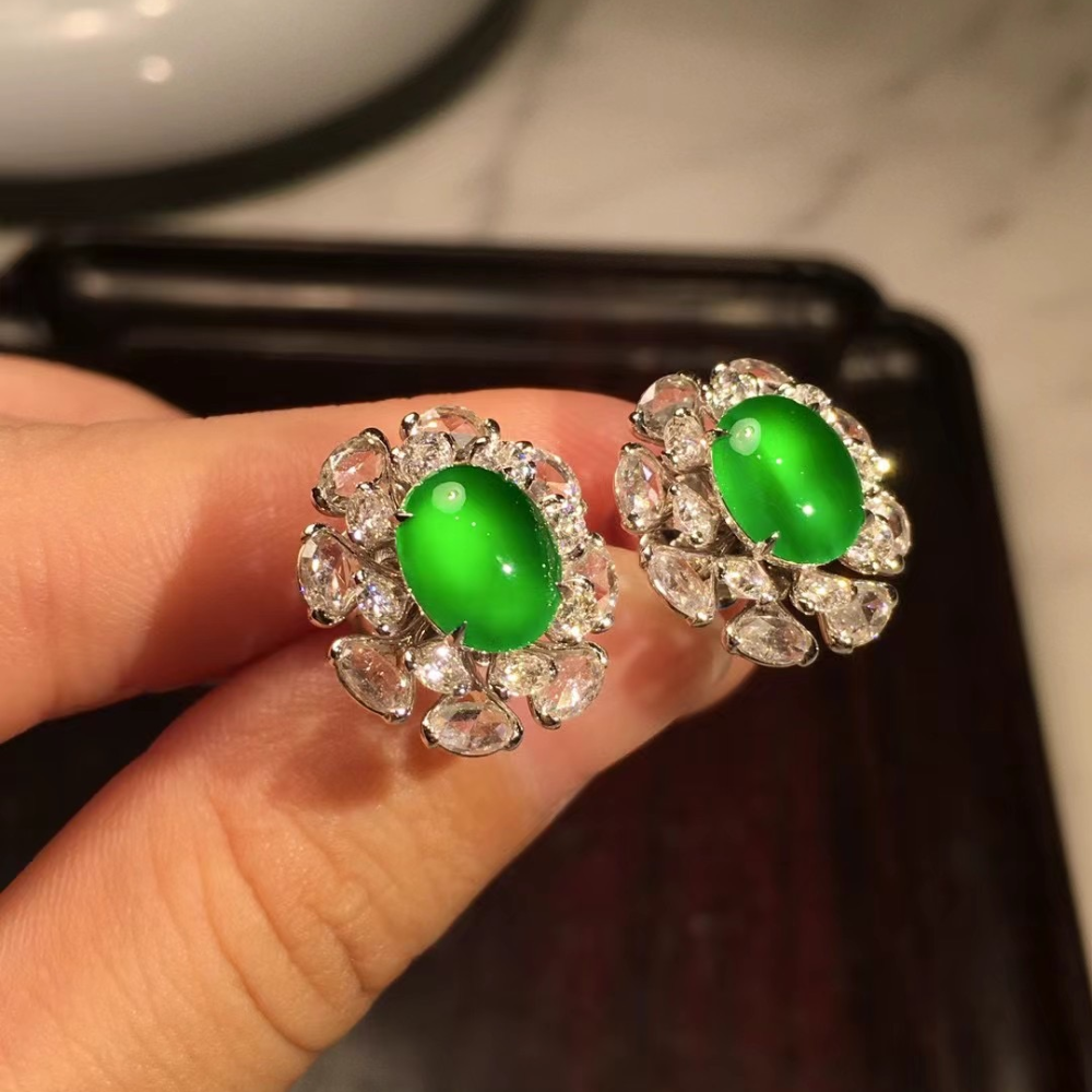 Glassy Imperial Green Jadeite Sunflower Earrings view 2