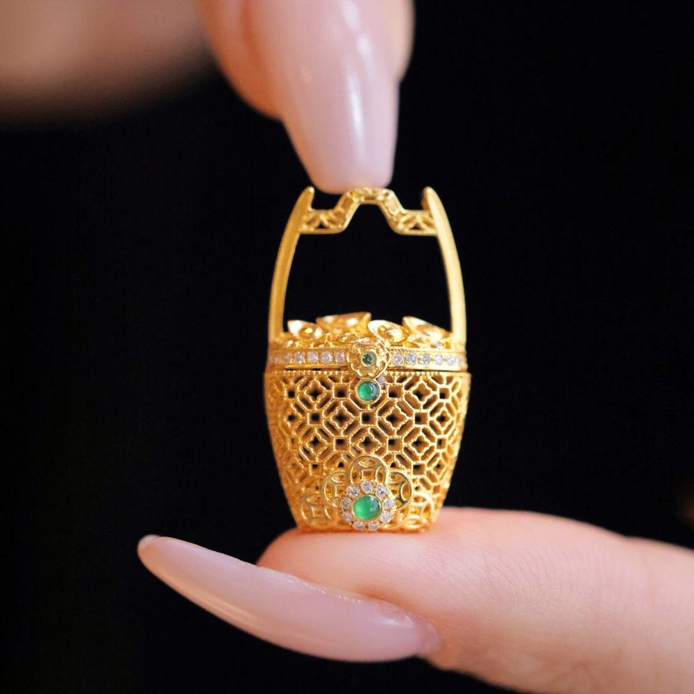 Gold Prosperity Barrel Pendant view 2