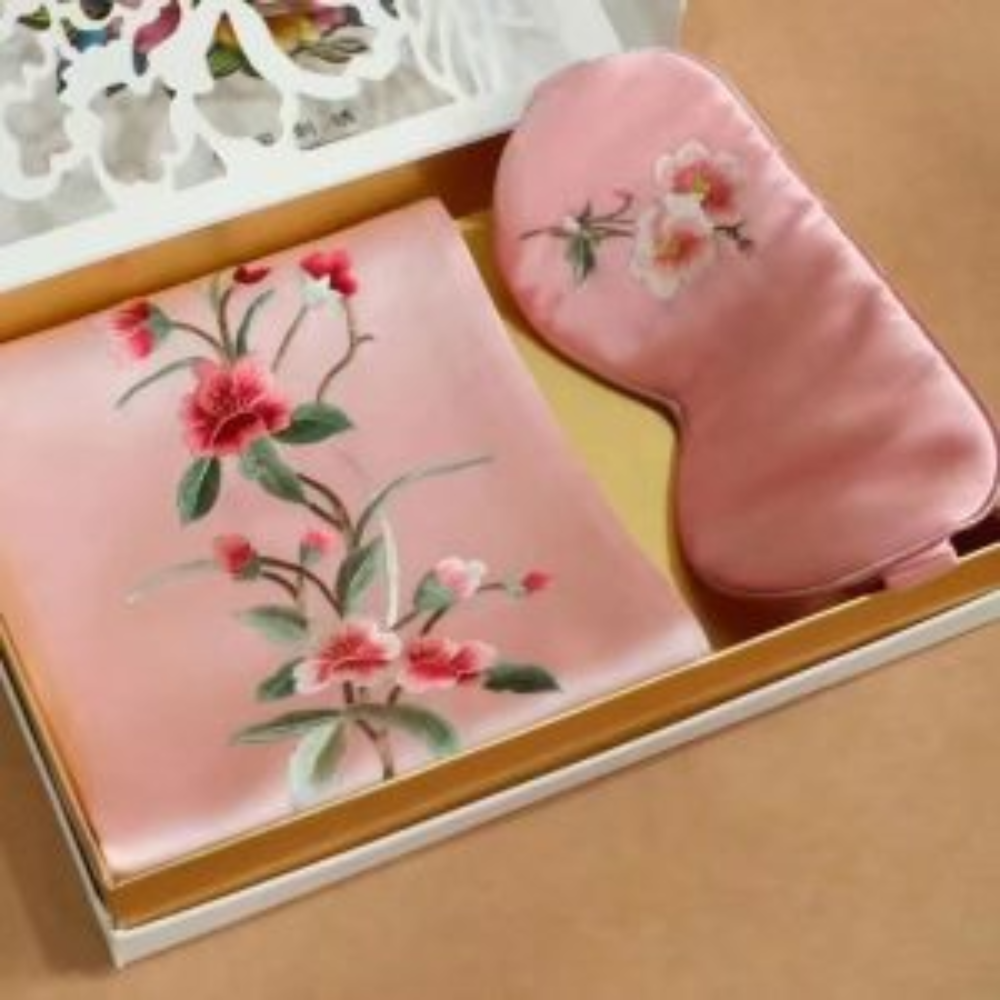 Hand-Embroidered Silk Scarf & Sleep Mask Set view 1