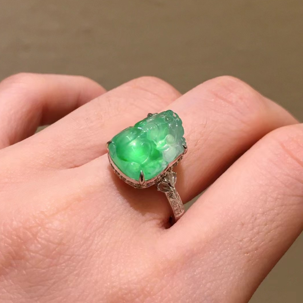 Icy Green Jadeite Pixiu Ring view 2