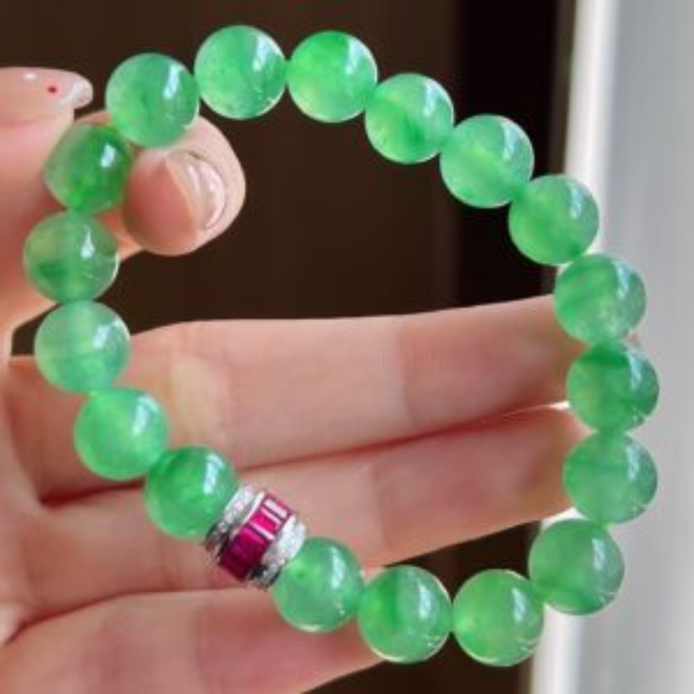 Icy Sweet Green Round Bead Jadeite Bracelet view 4