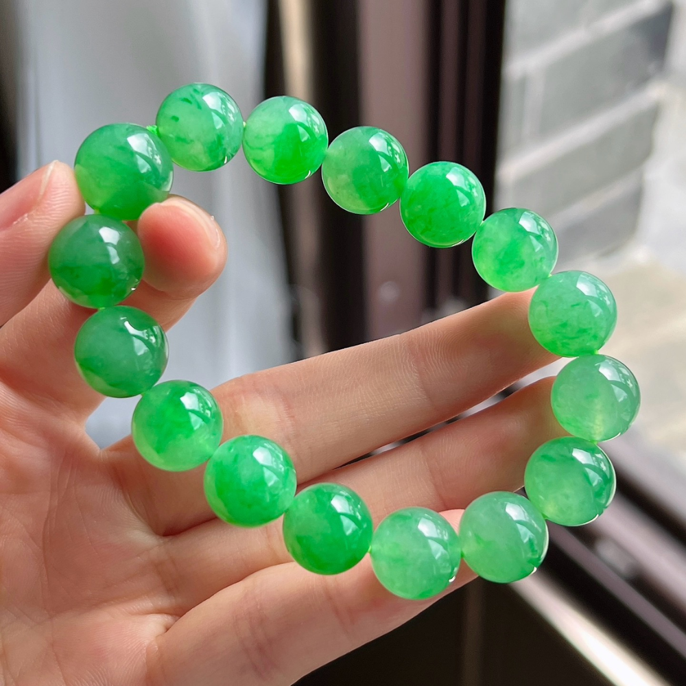 Icy Vibrant Green Round Bead Jadeite Bracelet view 2