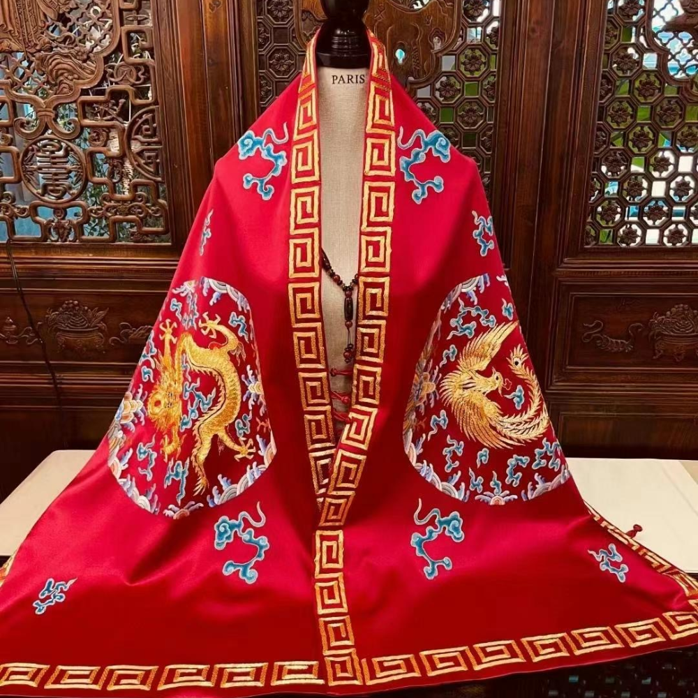 Imperial Dragon & Phoenix Hand-Embroidered Silk Shawl view 1