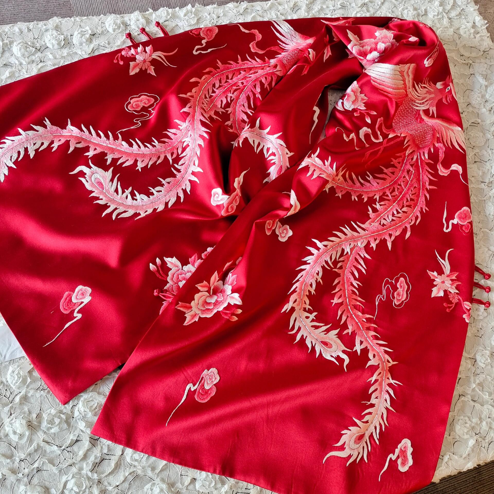 Imperial Dragon & Phoenix Hand-Embroidered Silk Shawl view 8