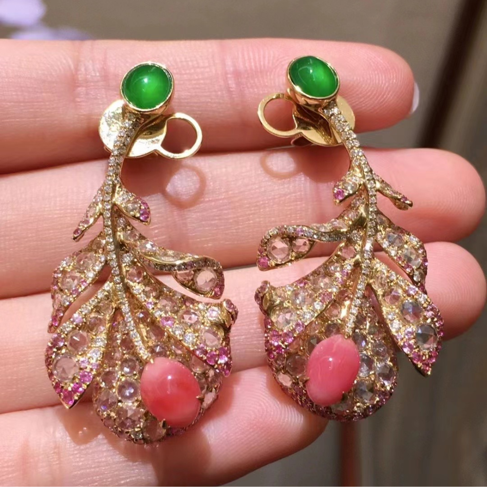 Luxurious Green Jadeite & Seashell Bead Earrings view 2