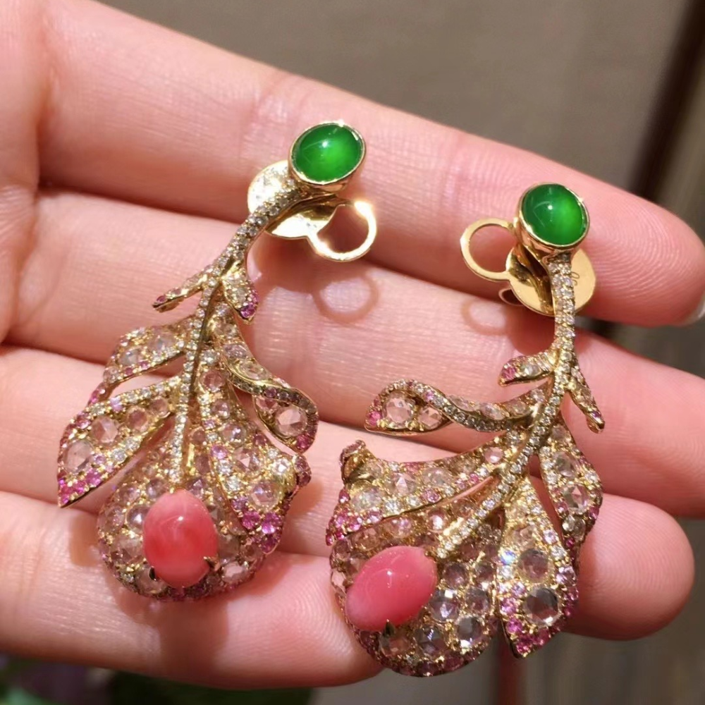 Luxurious Green Jadeite & Seashell Bead Earrings view 3