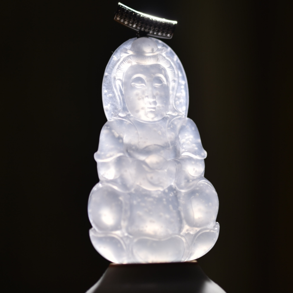 Snowflake Jadeite Guanyin Pendant view 1