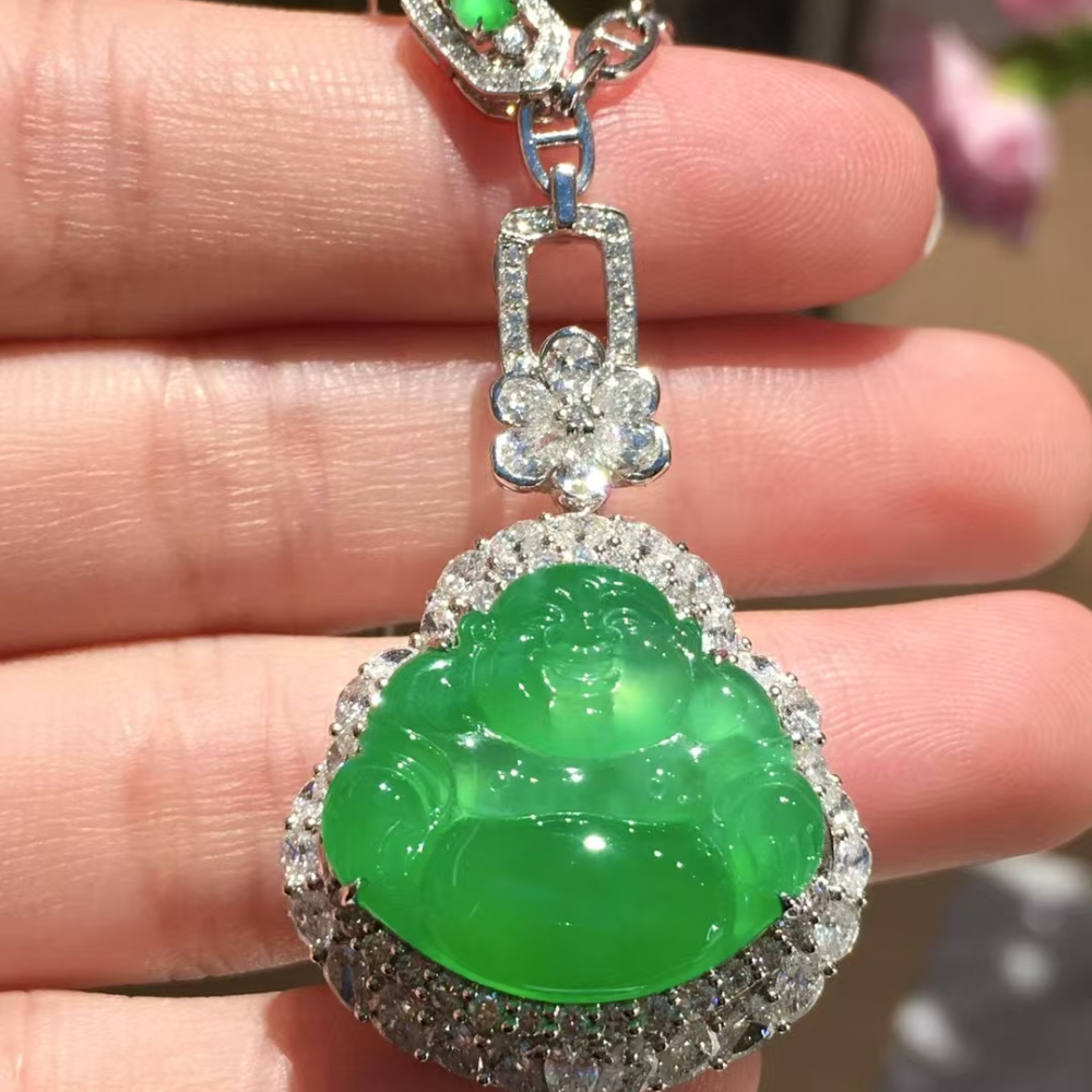 Sunlit Green Maitreya Buddha Jadeite Pendant view 1