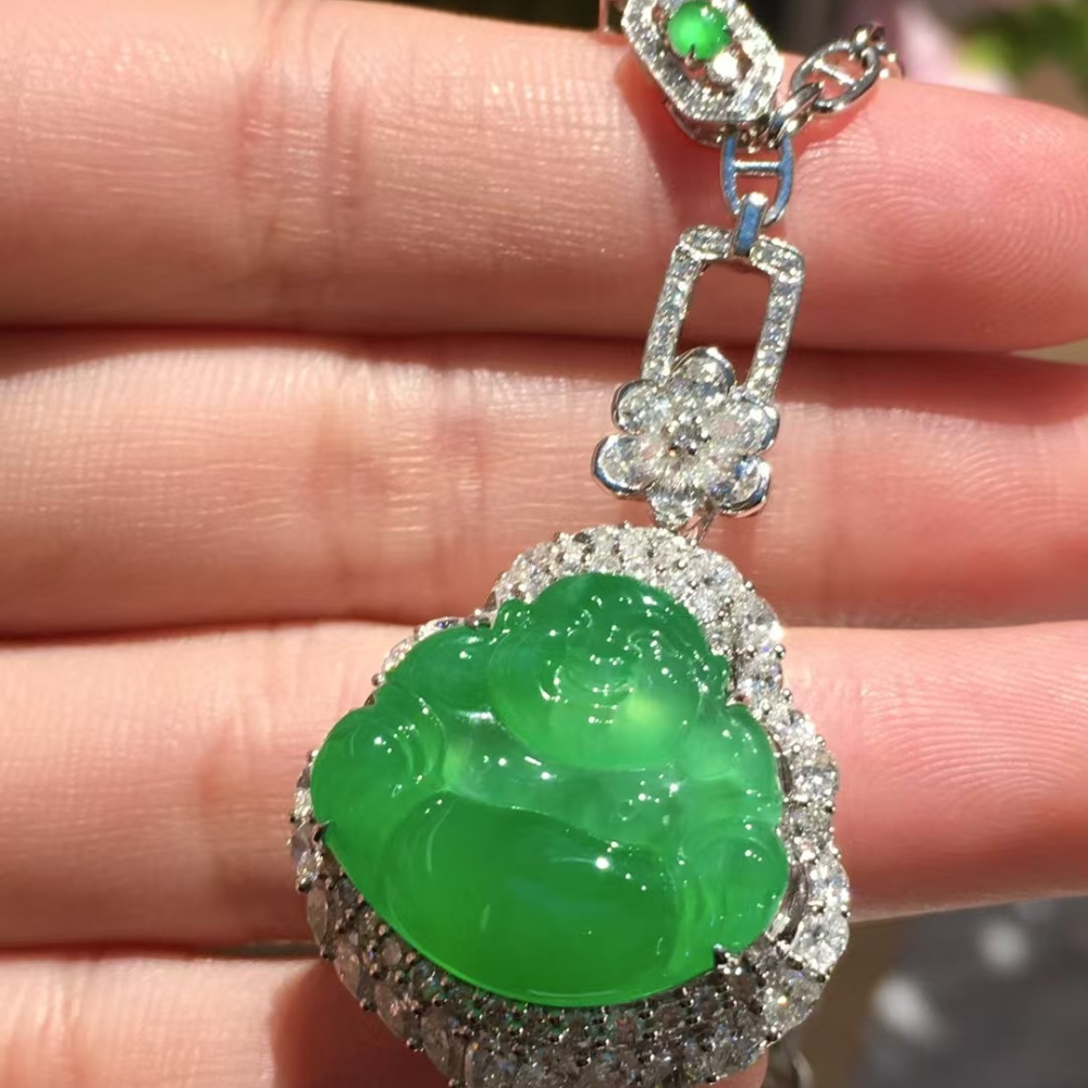 Sunlit Green Maitreya Buddha Jadeite Pendant view 2