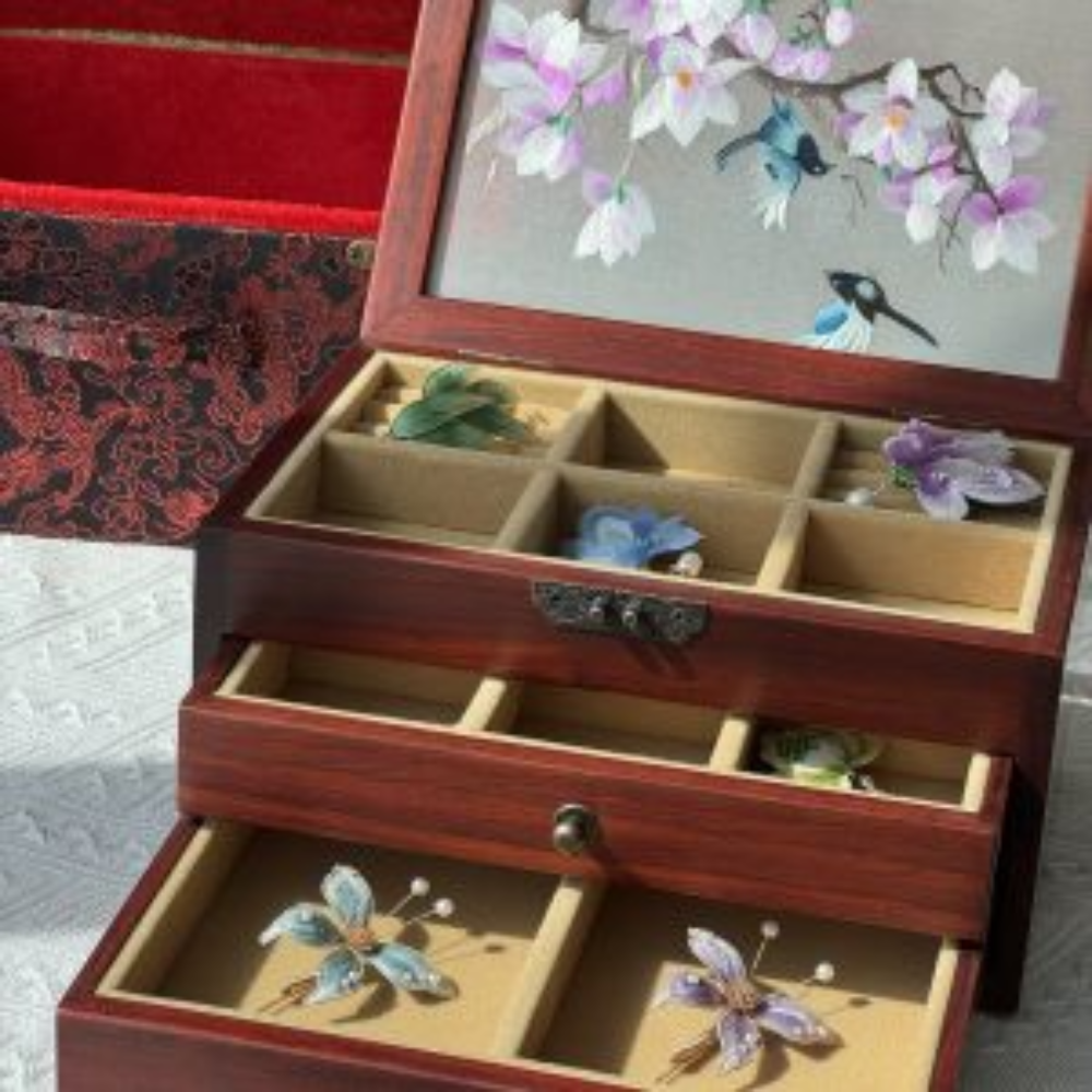 Silk Embroidered Huali Wood Jewelry Box view 9