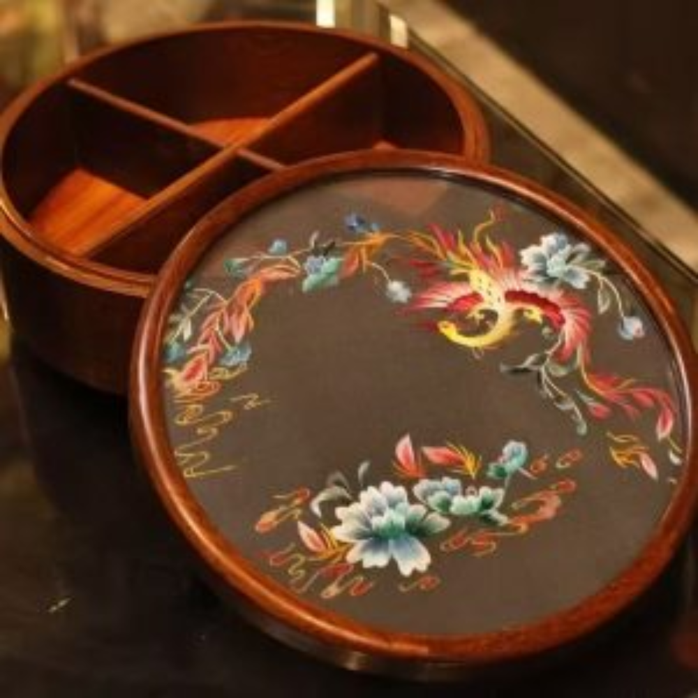 Silk Embroidered Round Huali Wood Box view 9