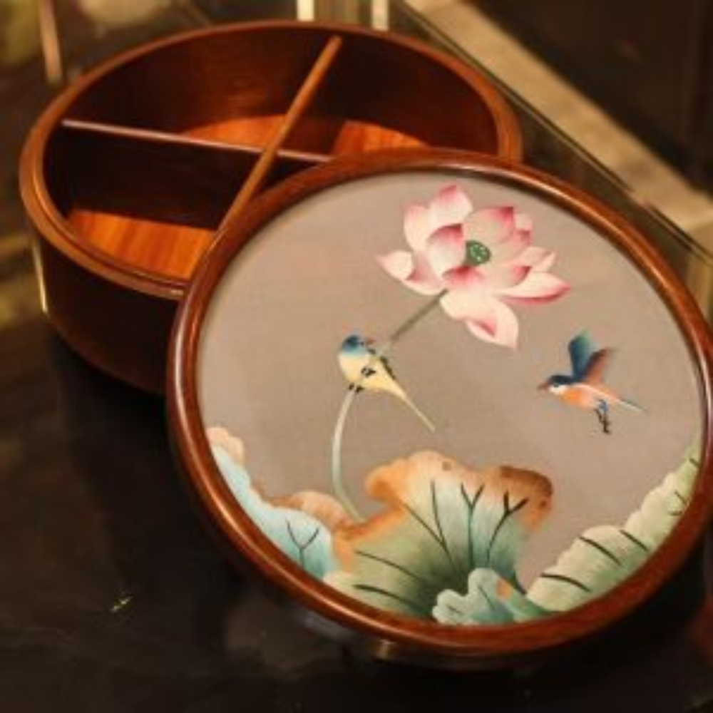 Silk Embroidered Round Huali Wood Box view 10