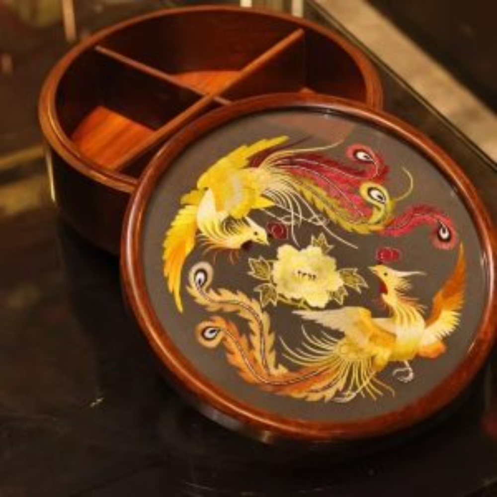 Silk Embroidered Round Huali Wood Box view 11