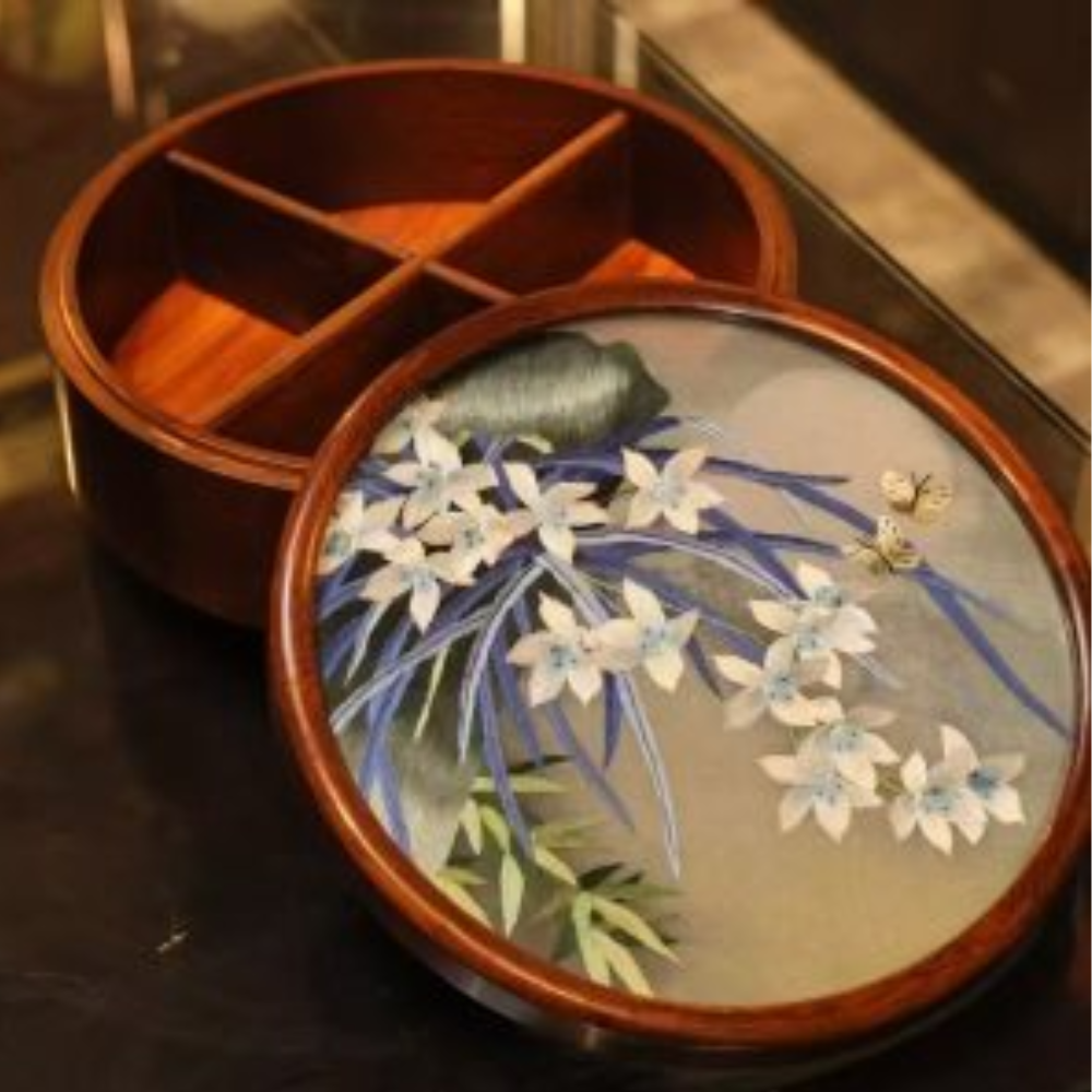 Silk Embroidered Round Huali Wood Box view 12