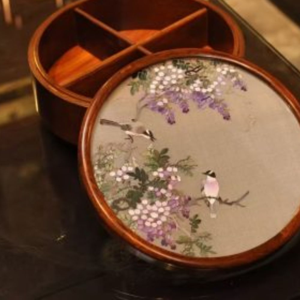 Silk Embroidered Round Huali Wood Box view 13