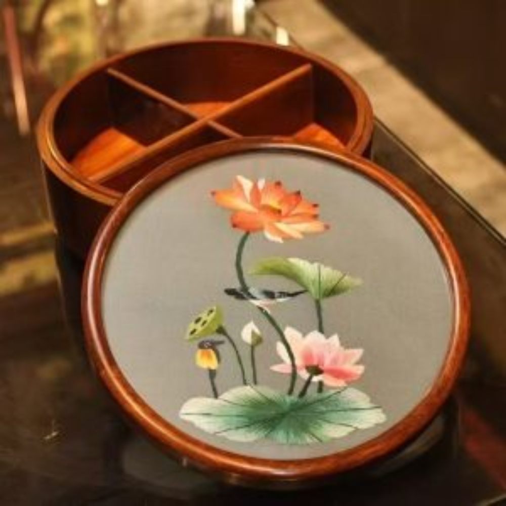 Silk Embroidered Round Huali Wood Box view 14