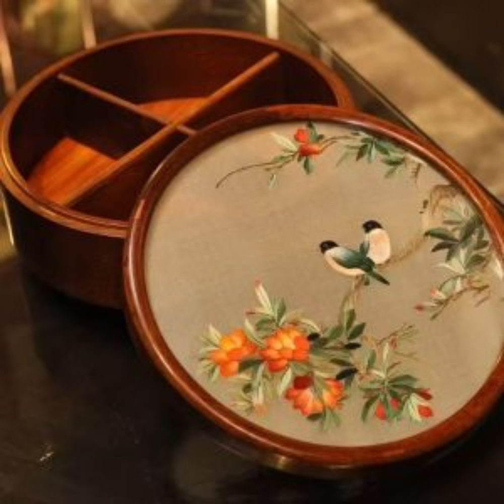 Silk Embroidered Round Huali Wood Box view 15