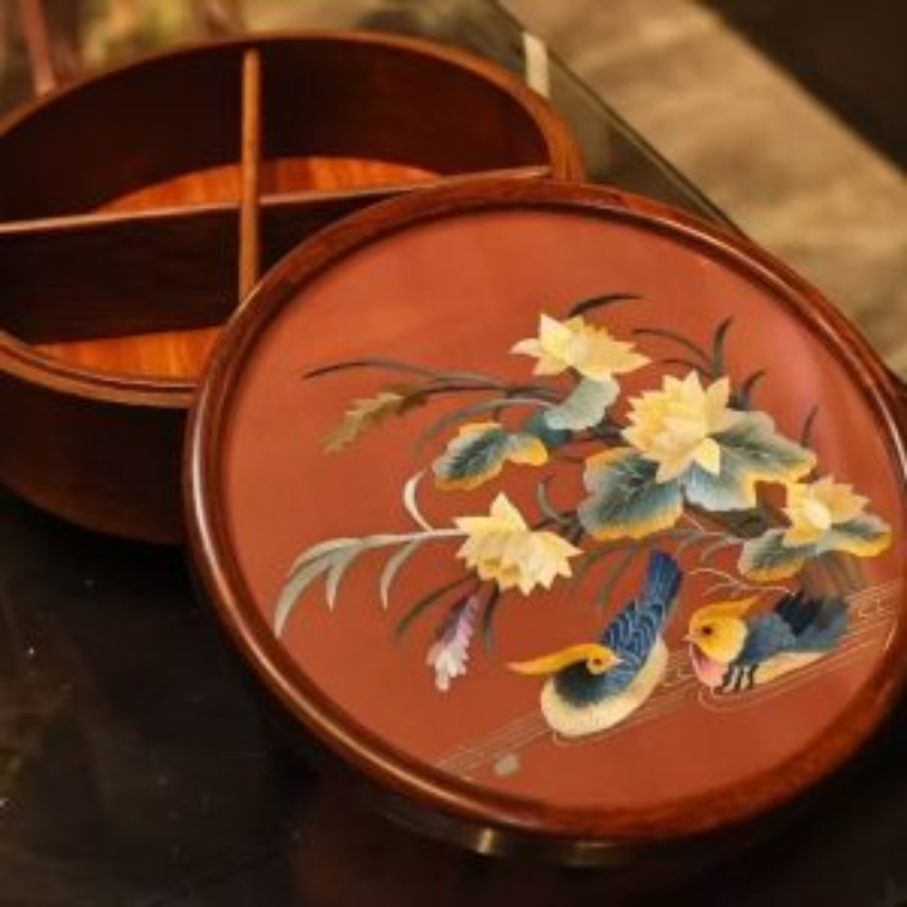 Silk Embroidered Round Huali Wood Box view 1