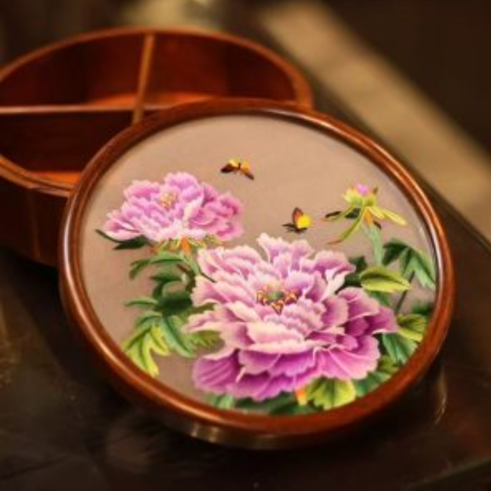Silk Embroidered Round Huali Wood Box view 2