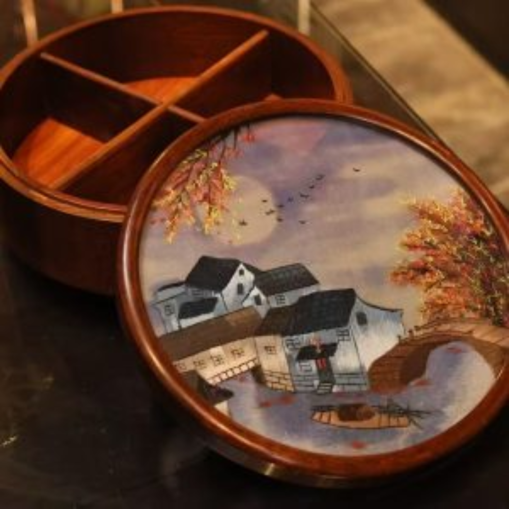 Silk Embroidered Round Huali Wood Box view 5