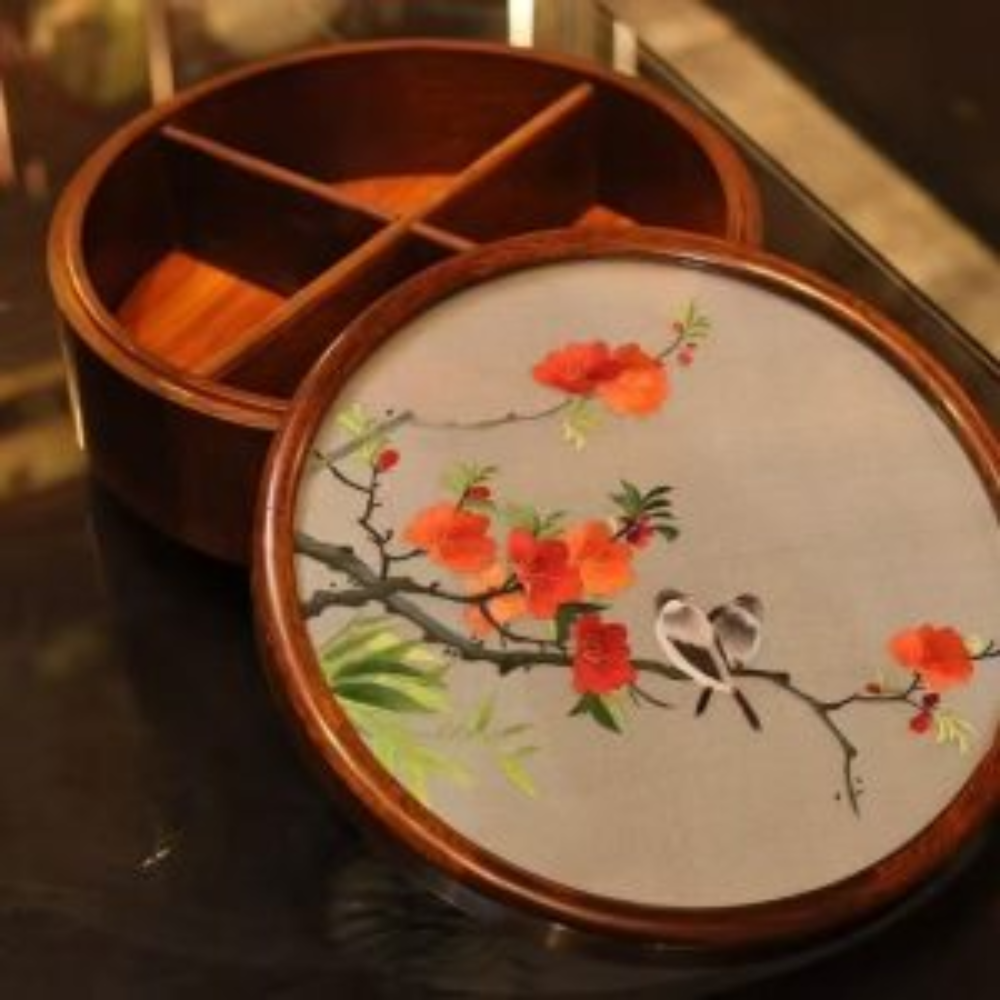 Silk Embroidered Round Huali Wood Box view 8