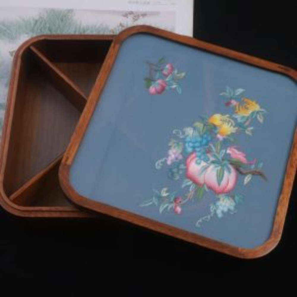Silk Embroidered Square Huali Wood Box view 11
