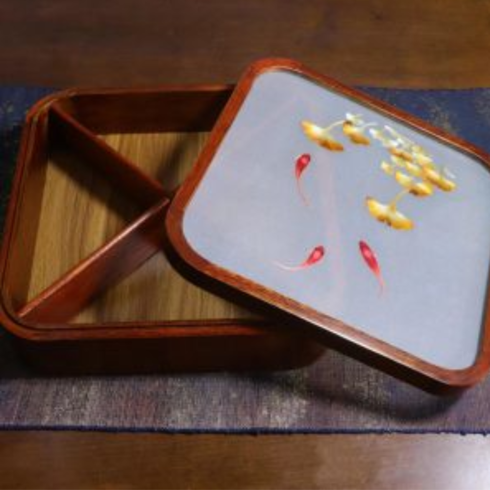 Silk Embroidered Square Huali Wood Box view 3