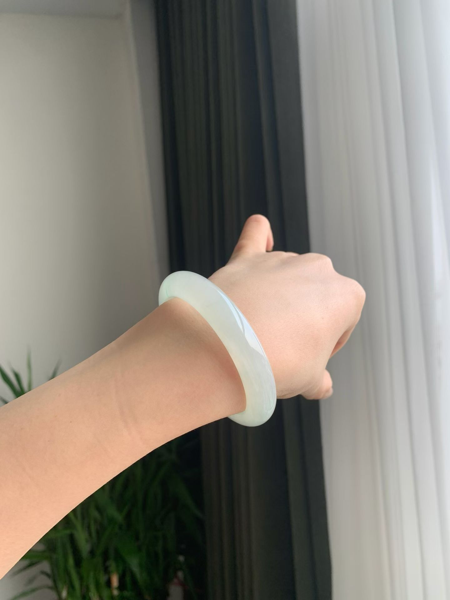 White Base Green Jadeite Bangle (Classic Flat Bangle, 56mm) view 2