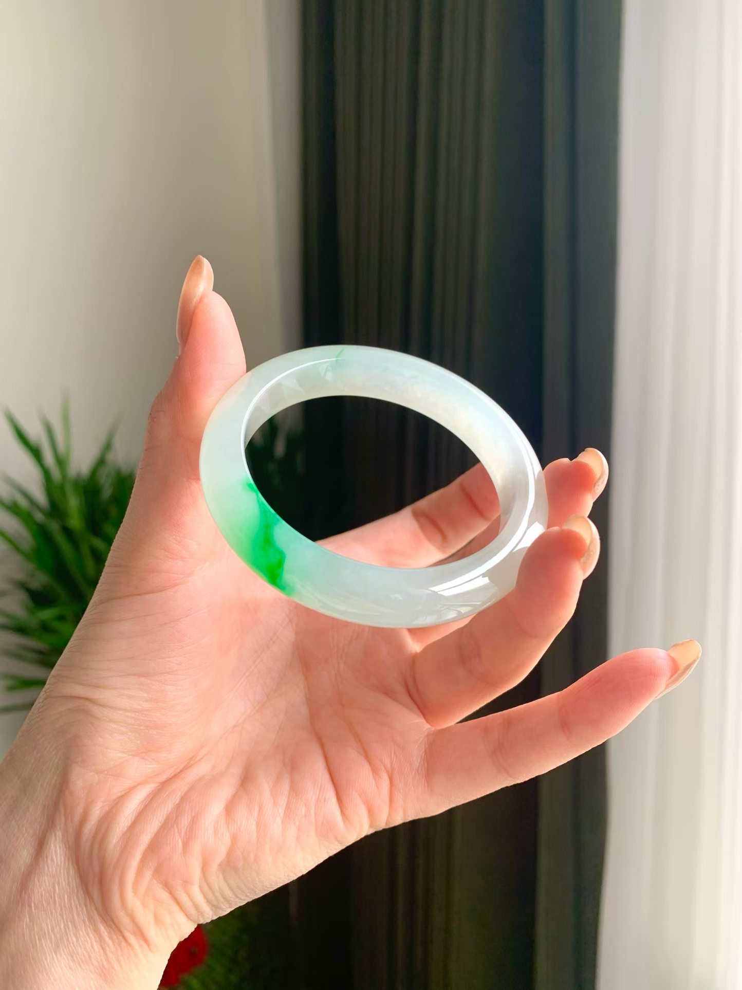 White Base Green Jadeite Bangle (Classic Flat Bangle, 56mm) view 5