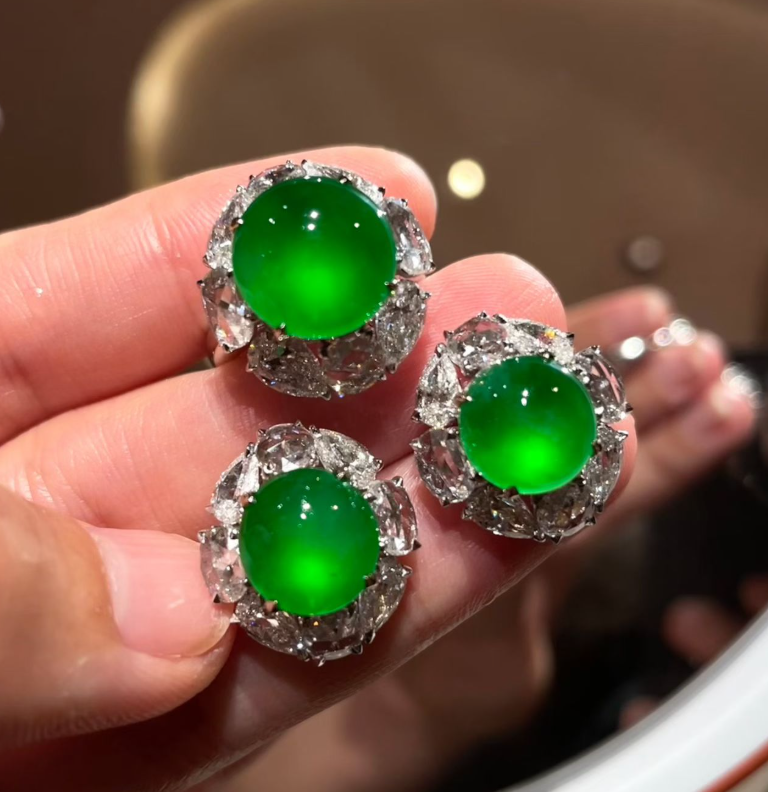 Glassy Imperial Green Jadeite Ring & Earrings Suite