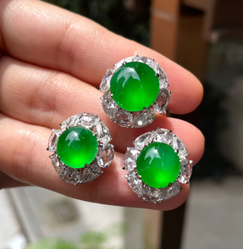Glassy Imperial Green Jadeite Ring & Earrings Suite view 5