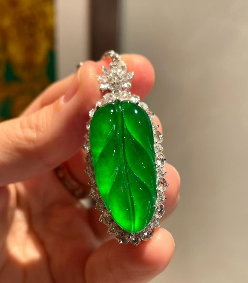 Glassy Imperial Green Jadeite Leaf Pendant (The Chinese Success Leaf) view 2