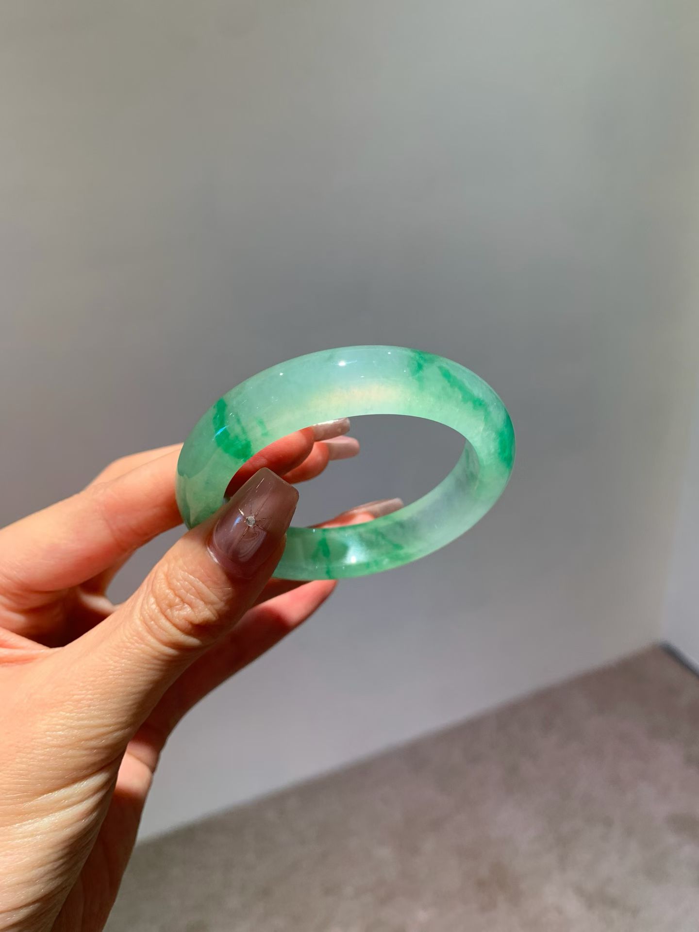 Floating Green Jadeite Bangle (Classic Flat Bangle, 53mm)