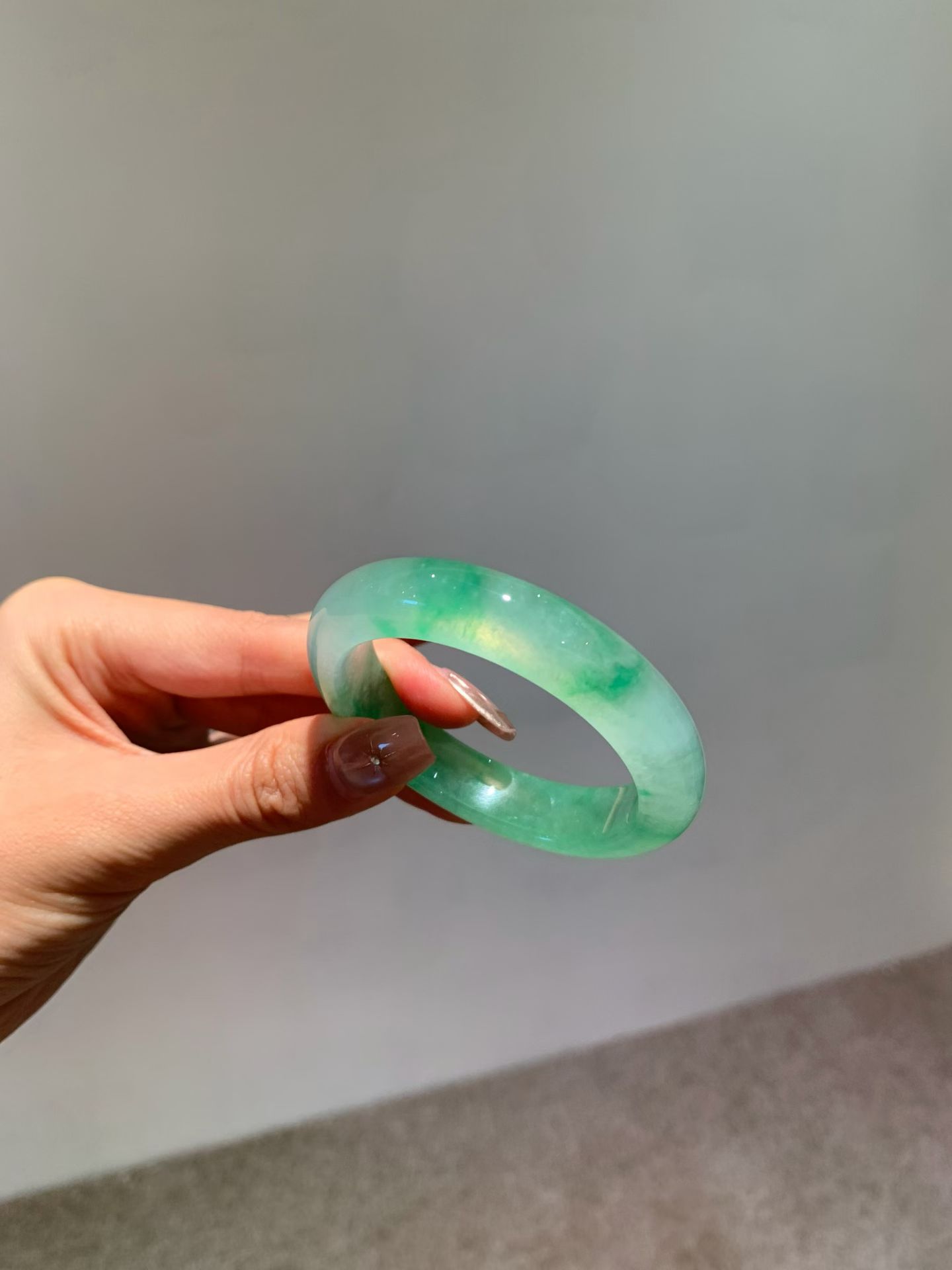Floating Green Jadeite Bangle (Classic Flat Bangle, 53mm) view 1