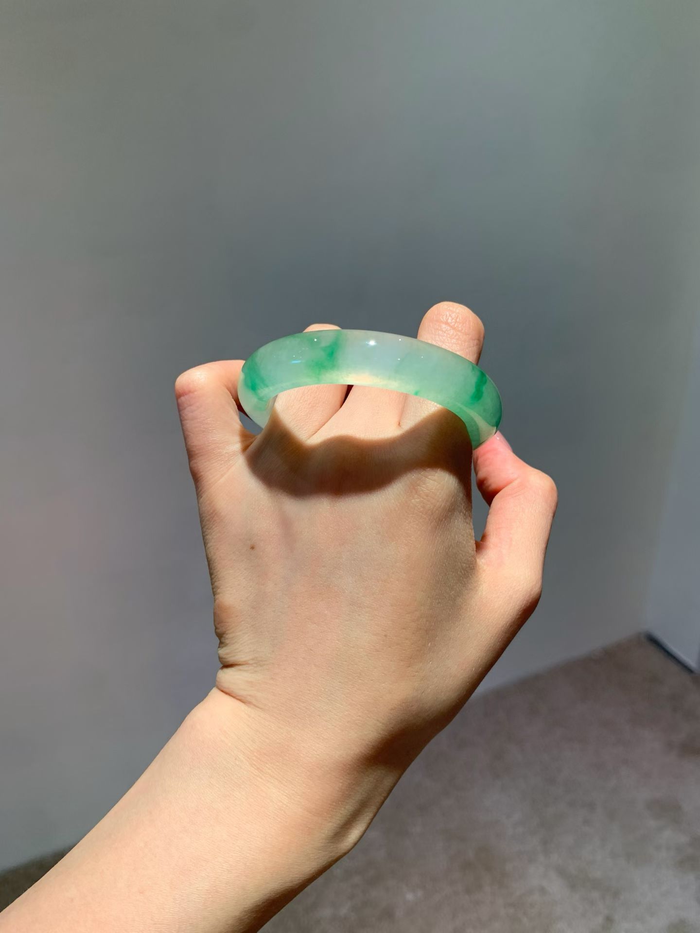Floating Green Jadeite Bangle (Classic Flat Bangle, 53mm) view 2