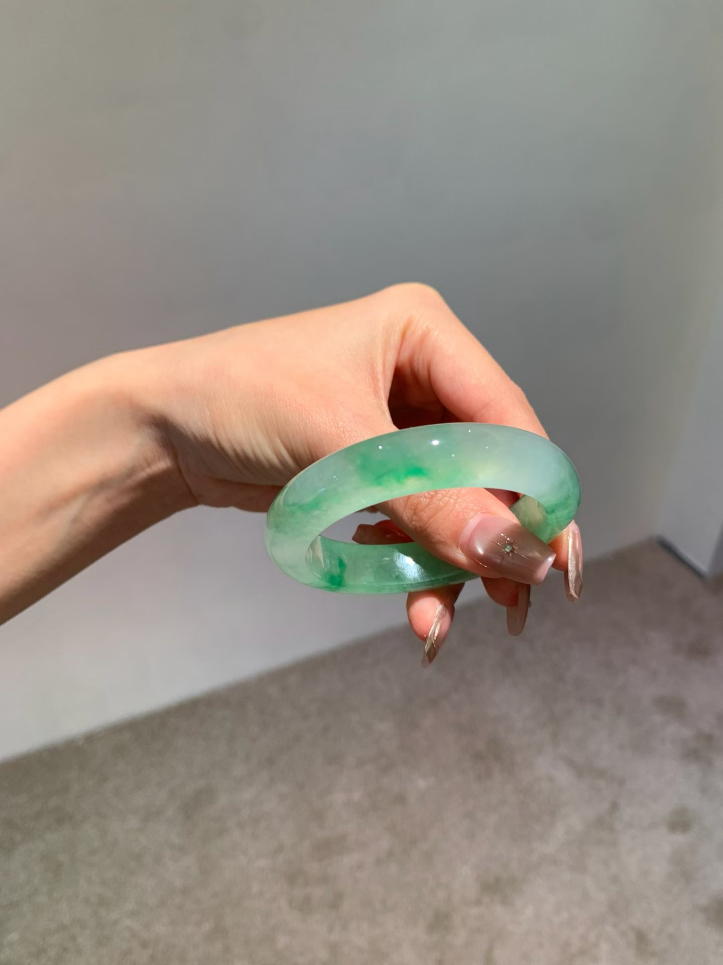 Floating Green Jadeite Bangle (Classic Flat Bangle, 53mm) view 3