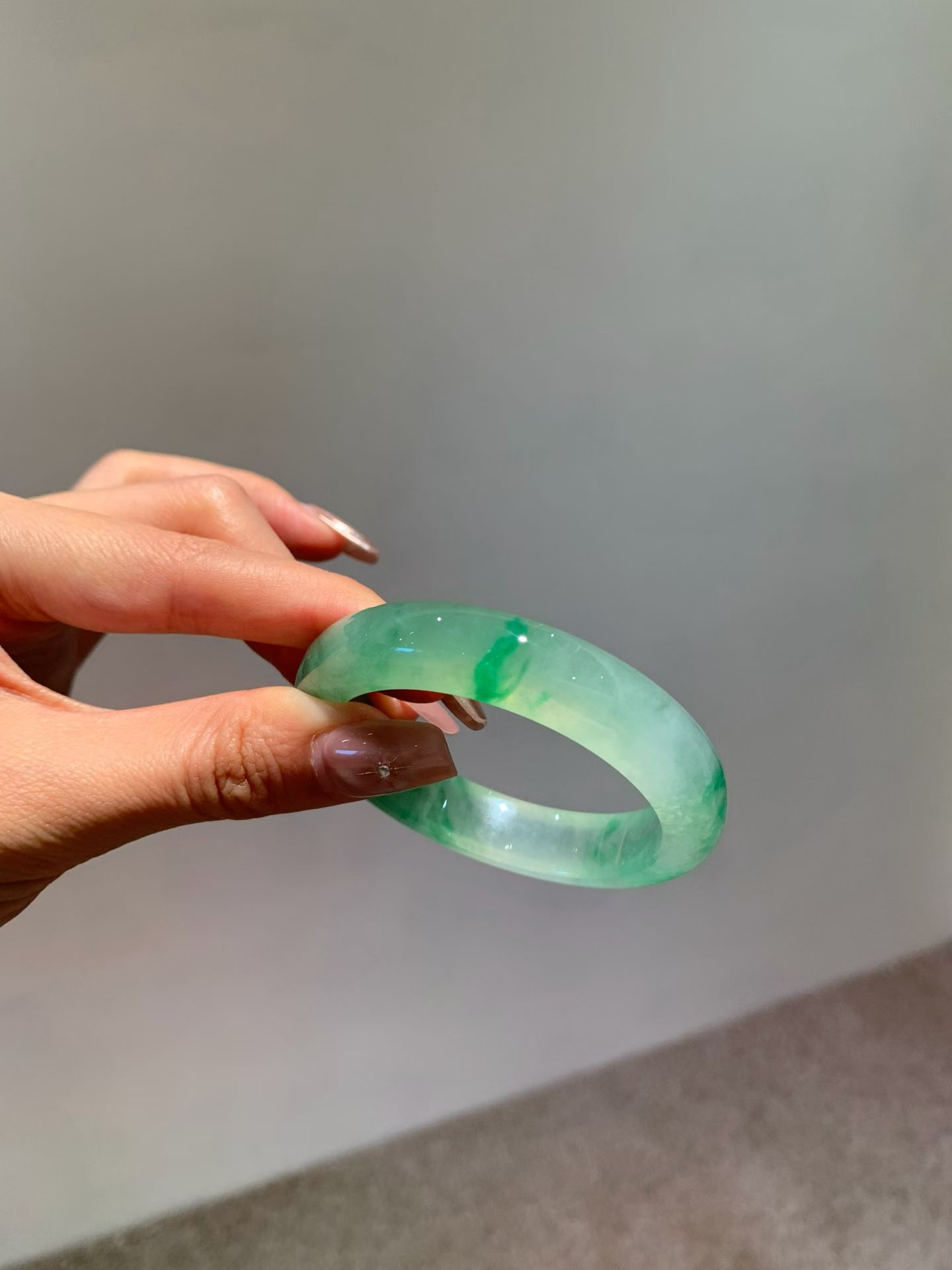Floating Green Jadeite Bangle (Classic Flat Bangle, 53mm) view 4