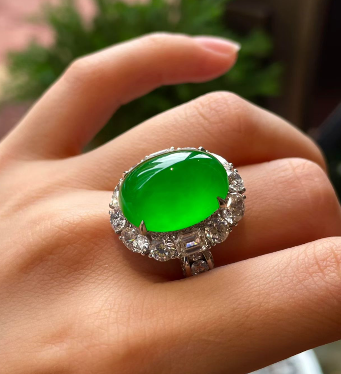 Auction-Grade Glassy Vivid Intense Green Jadeite Fat Cabochon Ring view 3