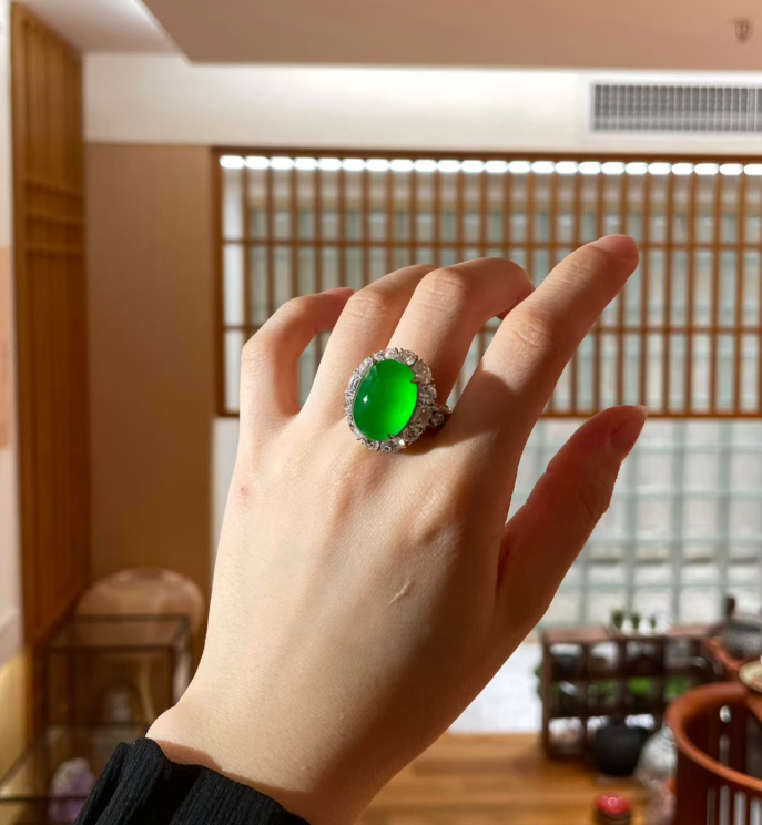 Auction-Grade Glassy Vivid Intense Green Jadeite Fat Cabochon Ring view 5