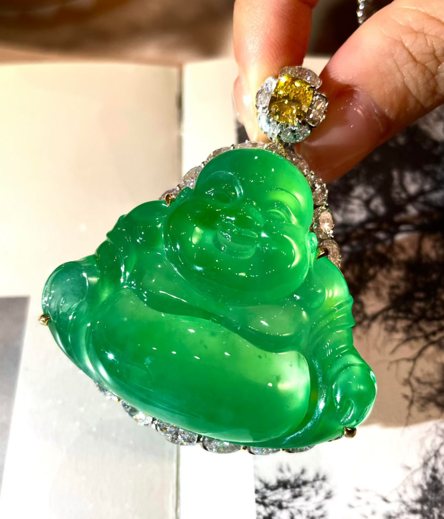 Auction Grade Glassy Sweet Green Jadeite Laughing Buddha Pendant