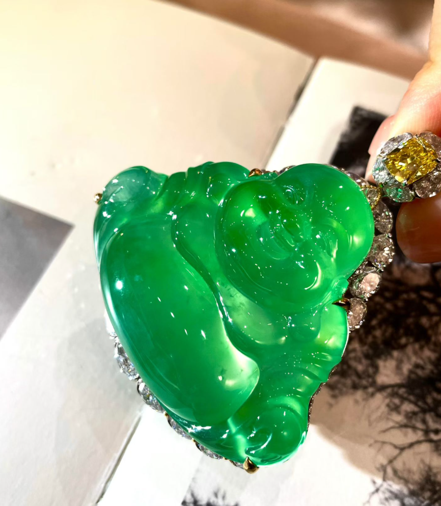 Auction Grade Glassy Sweet Green Jadeite Laughing Buddha Pendant view 1